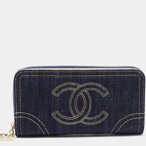 Chanel Navy Blue/Gold Denim CC Zip Around Wallet